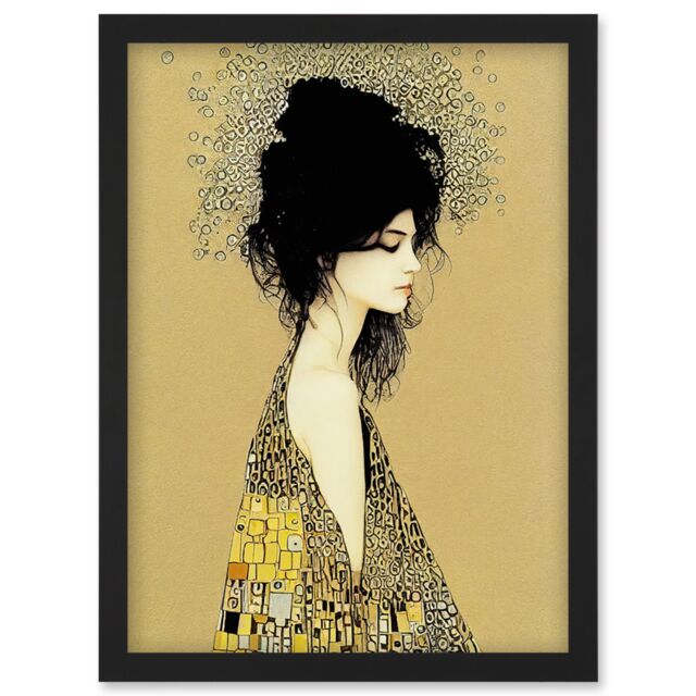 Artery8 Klimt Style Woman in Multi Coloured Shawl Painting Artwork Framed Wall Art Print A4 in Black - image 1