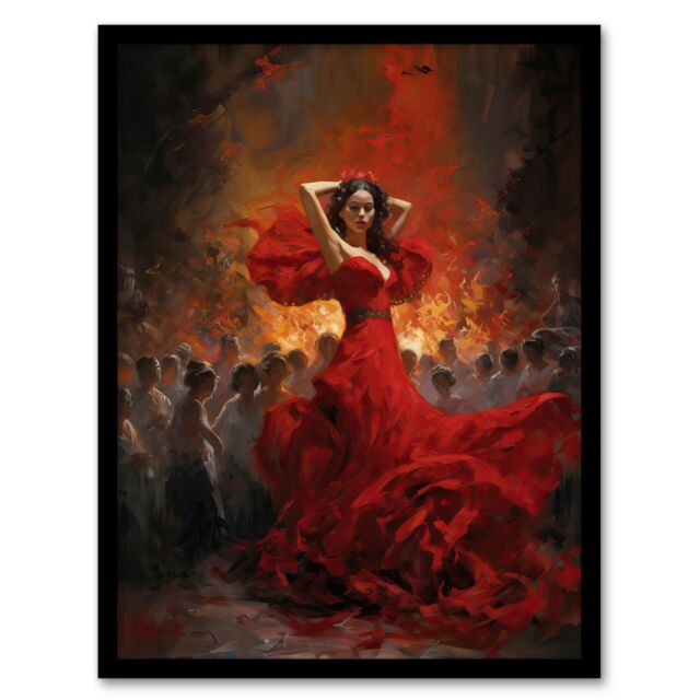 "Artery8 Wall Art Print Carmen Dancing Oil Painting Fiery Gypsy Seductive Dance In Red Dress Art Framed - Size: W12"" x H16""" - image 1