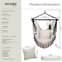 tectake Hanging Chair Malika, Boho Style, Load Capacity 150kg in Beige - Size: 1 Seater - thumbnail 6
