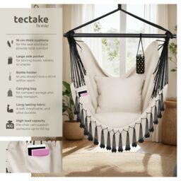 tectake Hanging Chair Malika, Boho Style, Load Capacity 150kg in Beige - Size: 1 Seater - thumbnail 2
