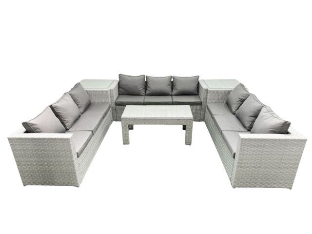 Fimous Rattan Garden Outdoor Furniture Set 9 Seater Garden Sofa Oblong Coffee Table Set with 2 Side Tables Light Grey Mixed - image 1
