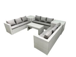 Fimous Rattan Garden Outdoor Furniture Set 9 Seater Garden Sofa Oblong Coffee Table Set with 2 Side Tables Light Grey Mixed - thumbnail 2
