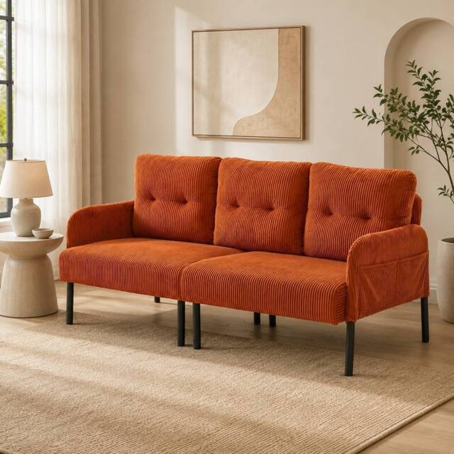 STILVORA 3-Seater Sofa with Side Pockets in Corduroy in Orange - image 1