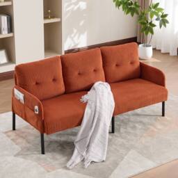 STILVORA 3-Seater Sofa with Side Pockets in Corduroy in Orange - thumbnail 2
