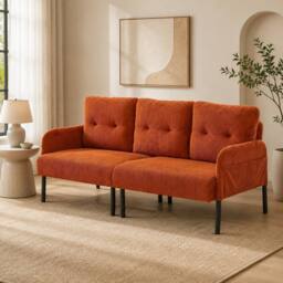 STILVORA 3-Seater Sofa with Side Pockets in Corduroy in Orange - thumbnail 1