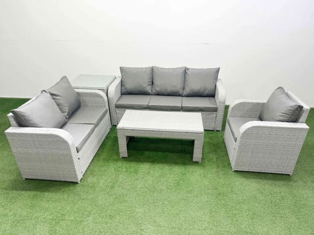 Fimous Patio PE Wicker 6 Seater Outdoor Rattan Furniture Sofa Sets w/ Oblong Coffee Table Reclining Chair Loveseat Sofa 3 Seater Sofa Side Table - image 1