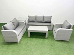 Fimous Patio PE Wicker 6 Seater Outdoor Rattan Furniture Sofa Sets w/ Oblong Coffee Table Reclining Chair Loveseat Sofa 3 Seater Sofa Side Table - thumbnail 2