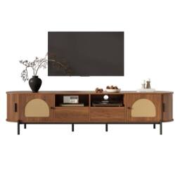 BTM Rattan TV Cabinet Sliding Doors Drawers Wood Look in Walnut - thumbnail 2