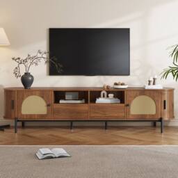 BTM Rattan TV Cabinet Sliding Doors Drawers Wood Look in Walnut - thumbnail 1