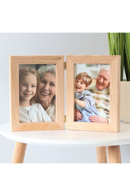 "MijMoj Design Solid Oak Hinged Double 7"" x 5"" Photo Frame - Natural Wood Folding Frame for Two Portrait Photos in Light Oak" - image 1