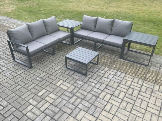 Fimous Aluminium 5 Pieces Garden Furniture Sofa Set with Cushions 6 Seater Outdoor Patio Set with Square Coffee Table 2 Side Tables Dark Grey - image 1
