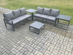 Fimous Aluminium 5 Pieces Garden Furniture Sofa Set with Cushions 6 Seater Outdoor Patio Set with Square Coffee Table 2 Side Tables Dark Grey - thumbnail 1
