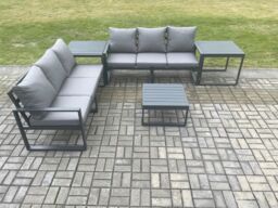 Fimous Aluminium 5 Pieces Garden Furniture Sofa Set with Cushions 6 Seater Outdoor Patio Set with Square Coffee Table 2 Side Tables Dark Grey - thumbnail 2