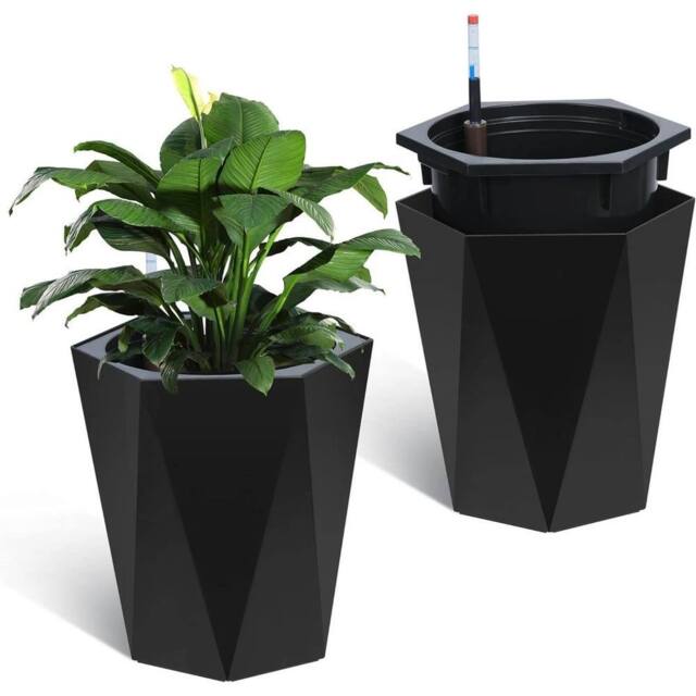 VOGREX Self-Watering Tall Planters, 2 PCS Resin Flower Pots in Black - image 1