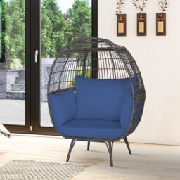 Costway Oversized Wicker Egg Chair Outdoor Patio Lounge Basket w/ 4 Cushions in Navy - thumbnail 3