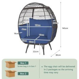 Costway Oversized Wicker Egg Chair Outdoor Patio Lounge Basket w/ 4 Cushions in Navy - thumbnail 2