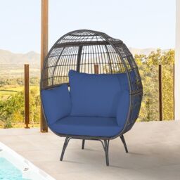 Costway Oversized Wicker Egg Chair Outdoor Patio Lounge Basket w/ 4 Cushions in Navy - thumbnail 5