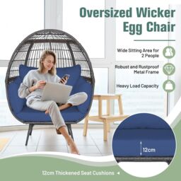 Costway Oversized Wicker Egg Chair Outdoor Patio Lounge Basket w/ 4 Cushions in Navy - thumbnail 6