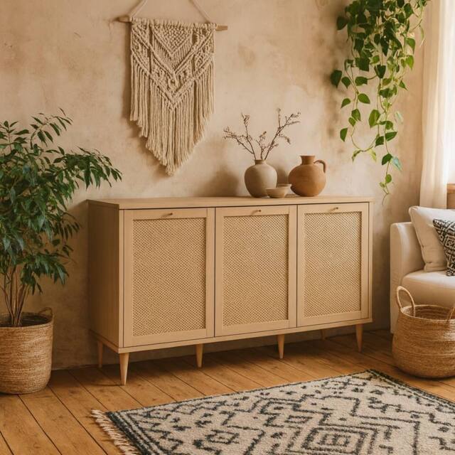 Wyld Haus Mallowmoss 3 Door Rattan & Light Wood Sideboard in Natural - image 1