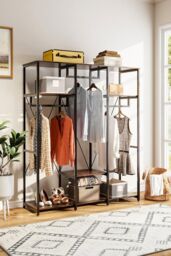 H&O Direct Large Freestanding Clothing Rack with Storage Shelves in Brown - thumbnail 2