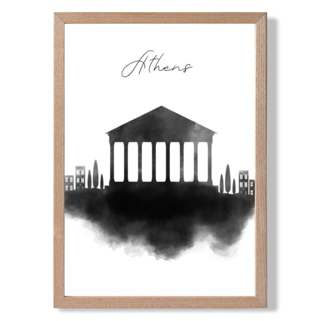 ARTZE Athens Watercolour Skyline City Framed Print SIZE: A4 with Oak Frame in Black - image 1