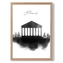 ARTZE Athens Watercolour Skyline City Framed Print SIZE: A4 with Oak Frame in Black - thumbnail 1