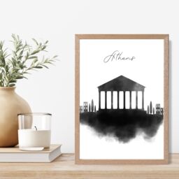 ARTZE Athens Watercolour Skyline City Framed Print SIZE: A4 with Oak Frame in Black - thumbnail 2