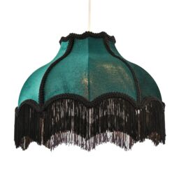 Happy Homewares Classic Victorian Lamp Shade in Velvet Fabric with Long Tassels & Embroidered Trims in Emerald - Size: 14 inches - thumbnail 2