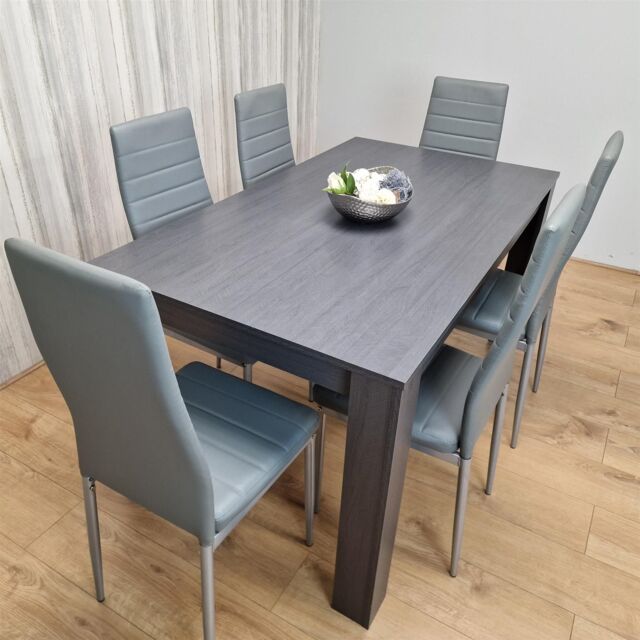 KOSY KOALA Dining Table & 6 Chairs Modern Dark Grey Dining Set With 6 Grey Faux Leather Chairs Dining Room Furniture in Brown - image 1