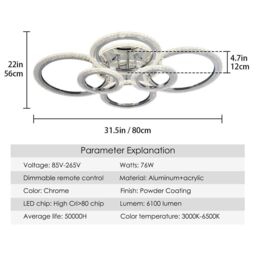 Garwarm LED Ceiling Light 76W Ceiling Lamp Dimmable 6 Rings Ceiling Chandelier in Clear - thumbnail 6