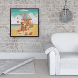 Warren Reed - Designer Lucky Teddy Bear On A Beach Holiday Framed Canvas in Black - Size: w40 inch x h40 inch - thumbnail 2