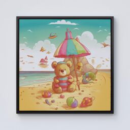 Warren Reed - Designer Lucky Teddy Bear On A Beach Holiday Framed Canvas in Black - Size: w40 inch x h40 inch - thumbnail 1