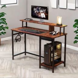 FURNOS Industrial 107CM Computer Desk With Monitor Stand & Shelves in Brown