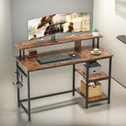 FURNOS Industrial 107CM Computer Desk With Monitor Stand & Shelves in Brown - thumbnail 2