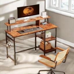 FURNOS Industrial 107CM Computer Desk With Monitor Stand & Shelves in Brown - thumbnail 4