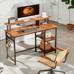 FURNOS Industrial 107CM Computer Desk With Monitor Stand & Shelves in Brown - thumbnail 5