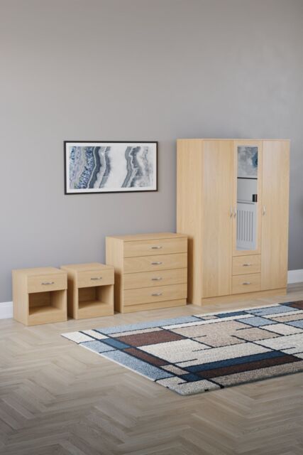 Home Discount Vida Designs 4Pc Bedroom Set 2xBedside, 4Drawer Chest, Mirror Wardrobe in Brown - image 1