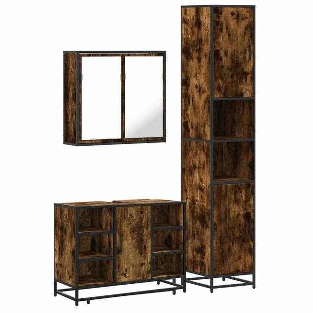Berkfield Home 3 Piece Bathroom Furniture Set Smoked Oak Engineered Wood in Brown - image 1