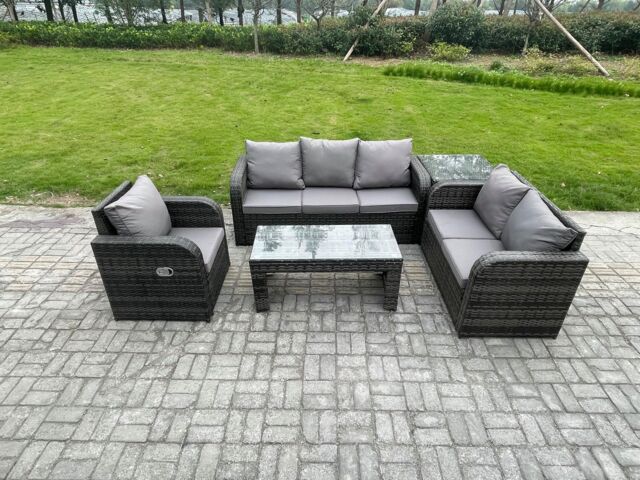 Fimous 6 Seater High Back Rattan Garden Furniture Set with Loveseat Sofa Rectangular Coffee Table Side Table Indoor Outdoor Patio Lounge Sofa Set - image 1