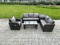 Fimous 6 Seater High Back Rattan Garden Furniture Set with Loveseat Sofa Rectangular Coffee Table Side Table Indoor Outdoor Patio Lounge Sofa Set - thumbnail 1