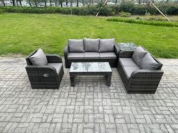 Fimous 6 Seater High Back Rattan Garden Furniture Set with Loveseat Sofa Rectangular Coffee Table Side Table Indoor Outdoor Patio Lounge Sofa Set - thumbnail 2