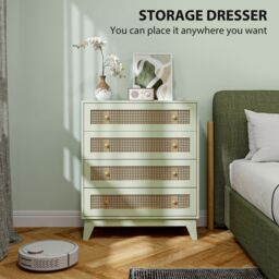 HOMCOM Chest of Drawers, 4 Drawer Unit Storage Organiser with Rattan Element in Light Green - thumbnail 4