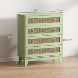 HOMCOM Chest of Drawers, 4 Drawer Unit Storage Organiser with Rattan Element in Light Green - thumbnail 3