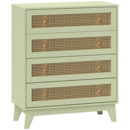 HOMCOM Chest of Drawers, 4 Drawer Unit Storage Organiser with Rattan Element in Light Green - thumbnail 2