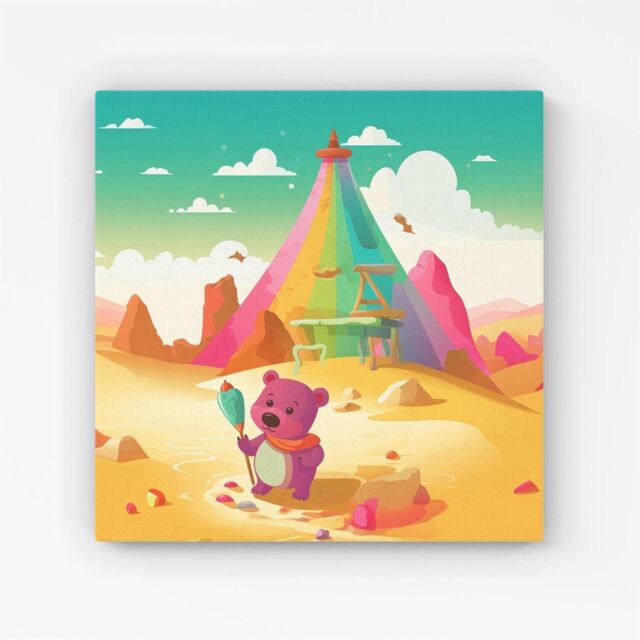 "Warren Reed - Designer Purple Bear On A Beach Holiday Canvas in Yellow - Size: W30"" x H30""" - image 1
