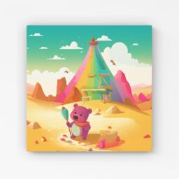 "Warren Reed - Designer Purple Bear On A Beach Holiday Canvas in Yellow - Size: W30"" x H30""" - thumbnail 1