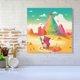 "Warren Reed - Designer Purple Bear On A Beach Holiday Canvas in Yellow - Size: W30"" x H30""" - thumbnail 2