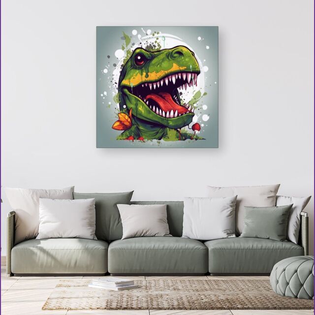 Warren Reed - Designer Laughing T-Rex Canvas in Green - Size: w40 inch x h40 inch - image 1