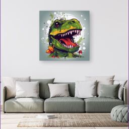 Warren Reed - Designer Laughing T-Rex Canvas in Green - Size: w40 inch x h40 inch - thumbnail 1