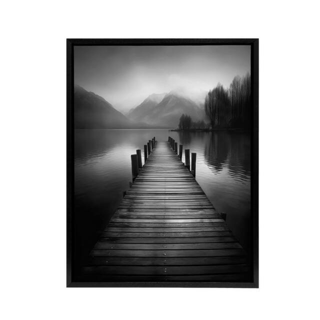 "Artery8 Lake Pier Mountain Landscape Photograph Framed Canvas Wall Art Print in Grey - Size: W12"" x H16""" - image 1